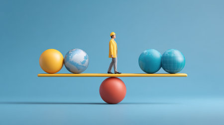 A worker in a yellow jacket stands on a colorful scale, balancing various earth globes. This image symbolizes the balance between global responsibilities and business challenges in a vibrant, engaging design.の素材