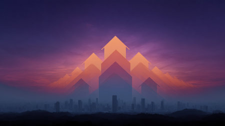 This visually captivating image showcases abstract house shapes layered against a dynamic sunset skyline, symbolizing growth, development, and urban transformation.の素材