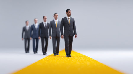 A group of business leaders walks on a yellow path, showcasing professionalism and collaboration in a modern corporate setting, symbolizing success and ambition.の素材