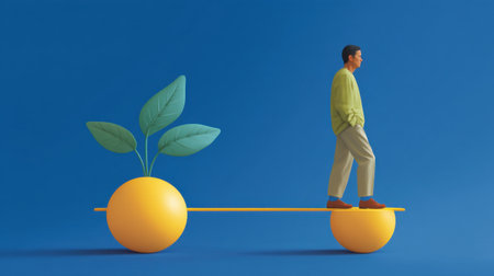 A vibrant scene depicting a man balanced on a yellow scale with an orange and green leaves, symbolizing harmony, growth, and the journey toward personal well-being.の素材