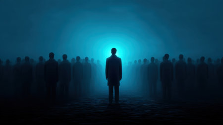 A captivating scene depicts a lone figure in a foggy environment, surrounded by amorphous silhouettes, evoking feelings of mystery, isolation, and existential contemplation.の素材