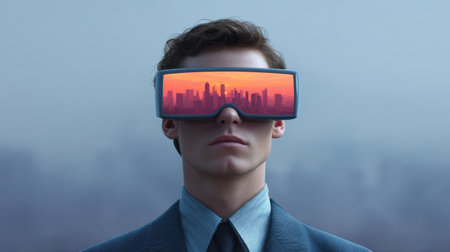 A futuristic individual stands confidently, wearing advanced goggles that reflect a captivating cityscape at dusk, illustrating the intersection of technology and urban living.の素材