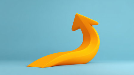 This vibrant yellow arrow represents growth and progress, set against a soft blue background, ideal for creative projects, marketing materials, and inspirational themes.の素材