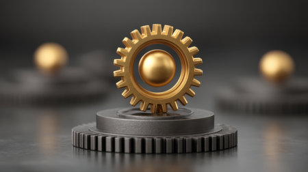 A golden gear stands prominently against a black background, representing innovation and engineering within technology and industry, showcasing precision and creativity.の素材