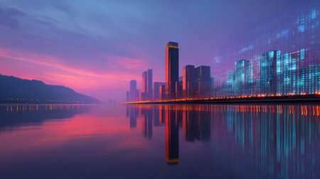 Vibrant urban landscape featuring a stunning skyline at dusk. The reflection on the water enhances the atmospheric beauty with glowing city lights and a purple sky.の素材