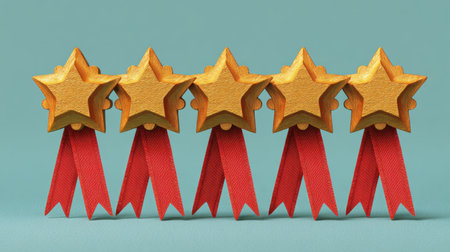 A vibrant image showcasing five wooden star awards with red ribbons, perfect for representing achievement and recognition concepts in various settings.の素材