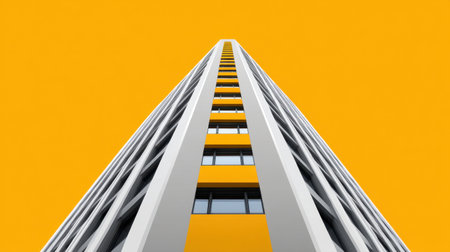 A striking image of a modern building with unique geometric shapes set against a vibrant yellow background, showcasing its sleek design and contemporary architecture.の素材
