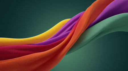 This image showcases colorful fabric ribbons flowing gracefully in vibrant hues, creating an elegant and dynamic abstract background perfect for creative projects.の素材