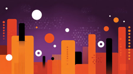 This colorful abstract illustration features a modern urban skyline with geometric shapes and patterns on a purple background, perfect for creative projects and design inspiration.の素材