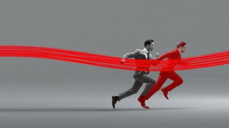 Two businessmen race against each other, symbolizing competition and ambition in a sleek, minimalist environment enhanced by a bold red ribbon.の素材
