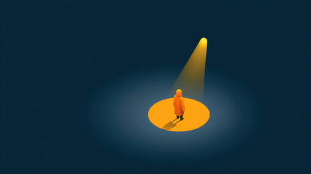 A solitary figure in an orange raincoat stands in a bright circle under a soft spotlight on a dark background, embodying themes of isolation and introspection.の素材