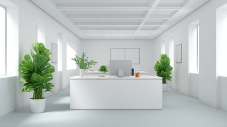 A bright and airy modern office showcasing minimalist design elements, vibrant green plants, and an inviting workspace filled with natural light for a productive atmosphere.の素材