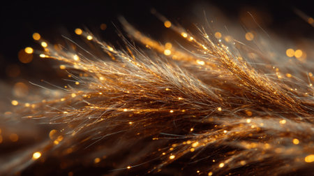 This close-up image features shimmering fibers in brown and gold, enhanced with sparkling lights, ideal for artistic backgrounds or creative projects.の素材