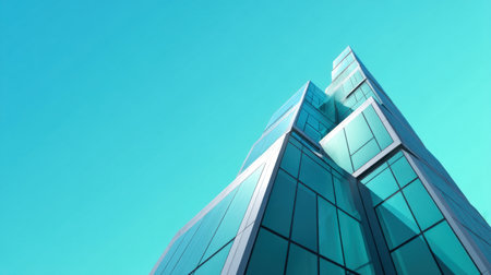 A striking modern skyscraper with sleek glass panels reflecting the bright blue sky, highlighting the elegance of contemporary urban architecture in a vibrant city landscape.の素材