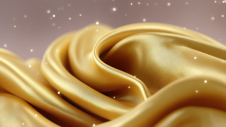 This image captures the essence of luxurious golden satin fabric gracefully draping, showcasing smooth textures and a soft-focus effect, ideal for creative projects.の素材