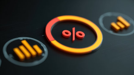 A vibrant percentage symbol alongside bar graphs showcasing data trends, reflecting the dynamic nature of modern finance and business analytics for decision-making.の素材