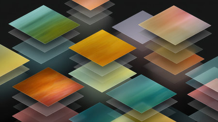 Explore a captivating composition of colorful abstract layers featuring geometric squares that create a dynamic visual background for art and design projects.の素材