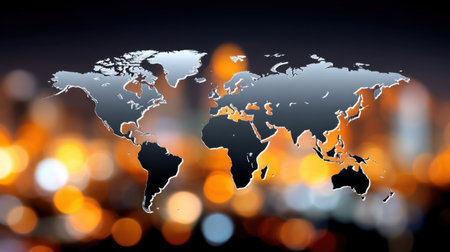 Stunning abstract world map overlaying vibrant blurred city lights, symbolizing global connections and the dynamic nature of international business in modern cities.の素材