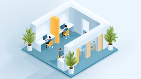 This illustration depicts a modern office workspace featuring collaborative zones, ergonomic furniture, and ample green plants designed for productivity and creativity.の素材