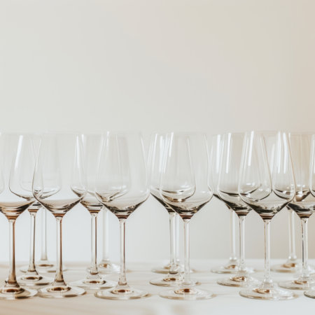 A stunning array of crystal wine glasses arranged in an elegant line against a soft light background. Perfect for enhancing dining, entertaining, or event themes.の素材