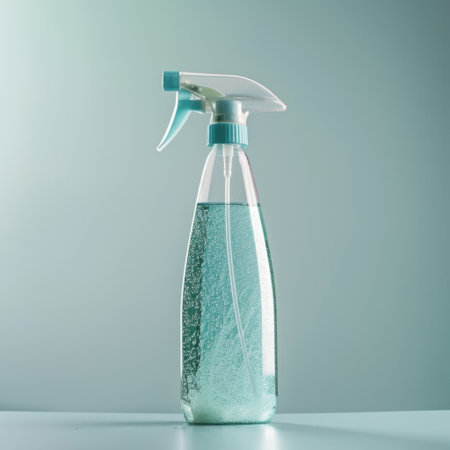 A modern clear spray bottle filled with a cleaning solution rests against a soft color background, perfect for illustrating home care, hygiene, and cleanliness.の素材