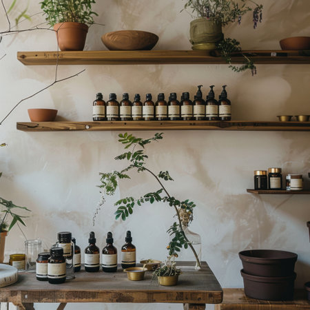 Explore a serene interior featuring a beautifully arranged collection of natural spa essentials. Shelves hold organic jars and bottles, complemented by greenery for a calming atmosphere.の素材