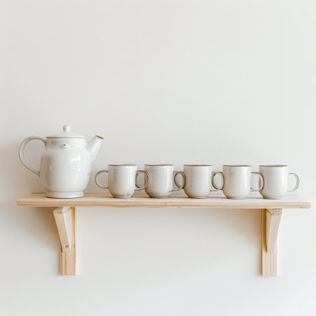 A charming white ceramic teapot with matching cups is displayed on a wooden shelf, creating a serene and inviting atmosphere for tea enjoyment and relaxation.の素材
