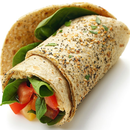 This image features a vibrant wrap filled with fresh spinach and tomatoes, showcasing a nutritious option for meals. Perfect for health-conscious food photography.の素材