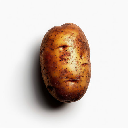 A freshly harvested brown potato showcases its unique texture and shape against a clean white background, emphasizing its natural quality and versatility in cooking.の素材