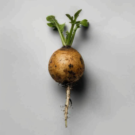 A visually appealing round vegetable, freshly pulled from the soil, features green leaves atop its bulbous form, perfect for culinary uses or farm-to-table themes.の素材