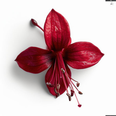 This striking image features a single vibrant red flower with delicate petals against a smooth white background, highlighting the beauty and intricacies of nature.の素材