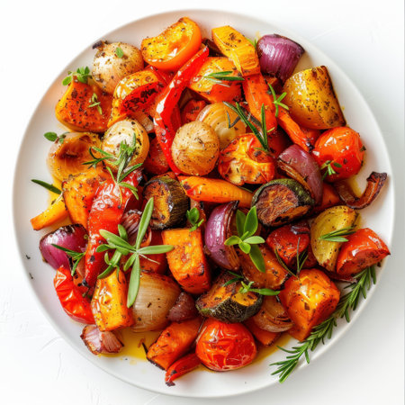 A vibrant assortment of roasted vegetables featuring bell peppers, onions, and tomatoes garnished with fresh herbs on a white plate, showcasing healthy cuisine.の素材