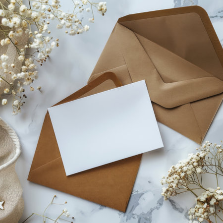 A beautiful brown envelope features a blank card, surrounded by soft white flowers on a textured surface, perfect for crafting custom messages or invitations.の素材