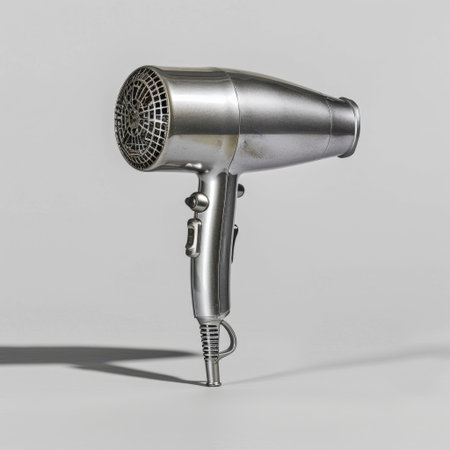 Explore a vintage metallic hair dryer featuring a unique retro design. Perfect for photography, it highlights the beauty of classic appliances in a modern context.の素材