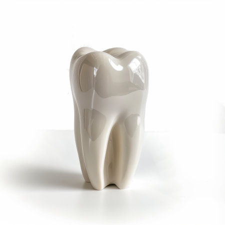 This artistic ceramic tooth sculpture serves as a striking piece for dental offices or modern decor. It symbolizes health and dental awareness with its unique design.の素材