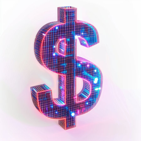 This vibrant 3D dollar sign glows with colorful LED lights against a clean white background, symbolizing wealth and success in the modern financial world.の素材