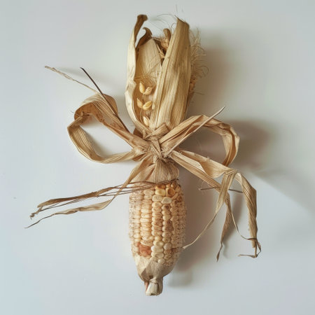 This dried corn cob, elegantly tied with natural materials, serves as a charming accent for autumn displays and rustic craft projects, evoking a warm harvest feeling.の素材