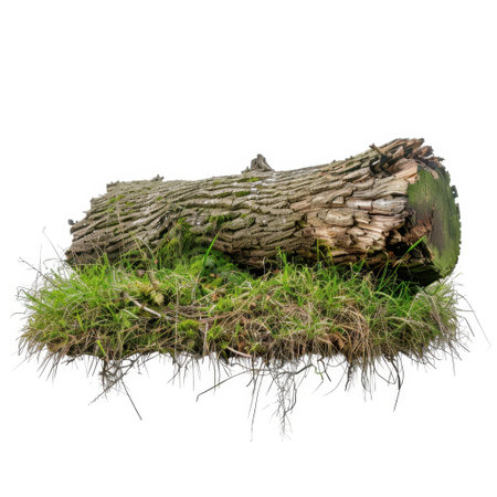 This image features a fallen tree trunk surrounded by lush grass and moss, showcasing the beauty of nature. Ideal for themes focused on ecology and natural elements.の素材
