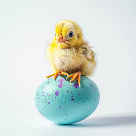 A charming yellow chick perches on a vibrant blue Easter egg with colorful splashes. This delightful scene captures the essence of spring and new beginnings.の素材