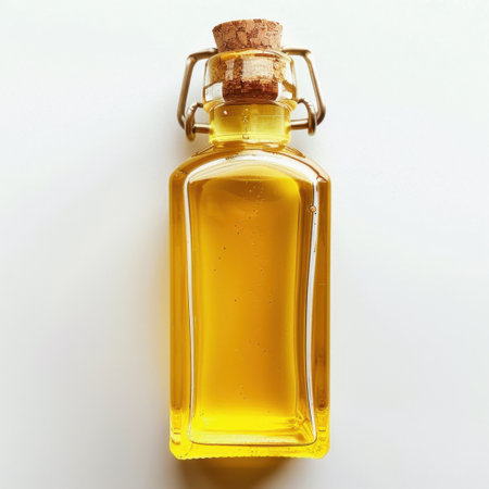 This image features a glass bottle filled with exquisite olive oil, topped with a cork, set against a bright white background. Ideal for culinary applications.の素材