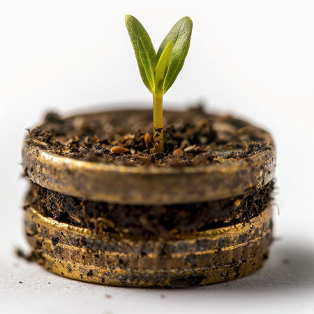 A healthy green seedling emerges from rich soil contained in a coin, symbolizing the intersection of nature and finance, suggesting growth and sustainability.の素材