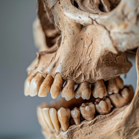 A highly detailed human skull model showcasing an intricate structure and texture of teeth. Perfect for educational purposes, scientific studies, and artistic representation.の素材