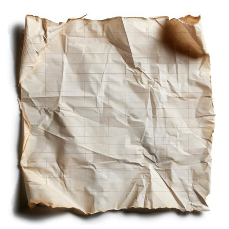 A wrinkled, crumpled old paper with a faint grid pattern, offering a unique vintage texture suitable for various creative projects, backgrounds, and design purposes.の素材
