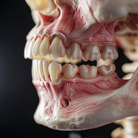 This detailed anatomical illustration features the human jaw structure, highlighting teeth, gums, and bones. Ideal for educational materials in dental and medical fields.の素材