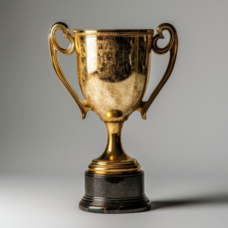 A stunning golden trophy displayed on a gray backdrop, representing achievement and success. Ideal for projects focusing on awards, competitions, or celebratory events.の素材
