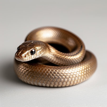 Stunning close-up of a golden snake calmly coiled on a smooth surface, revealing detailed scales and vibrant colors, perfect for nature lovers and wildlife enthusiasts.の素材
