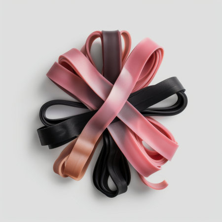 A vibrant collection of exercise bands arranged in a dynamic layout on a neutral background, perfect for promoting fitness and active lifestyle imagery.の素材