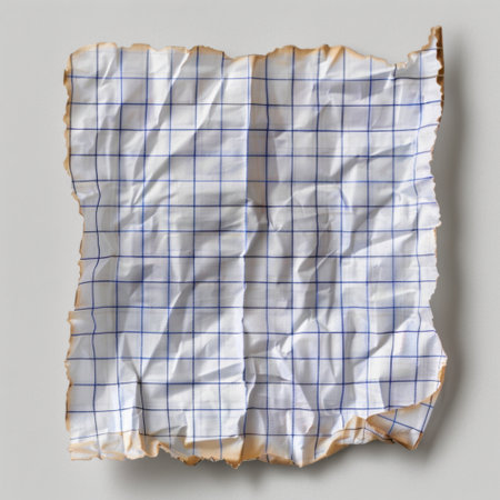 A crumpled sheet of graph paper featuring a blue grid pattern offers a unique texture ideal for backgrounds in various creative projects, educational materials, and illustrations.の素材