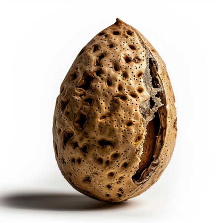 A striking close-up of a cracked almond shell reveals its inner kernel, highlighting intricate textures and natural imperfections against a clean, white background.の素材