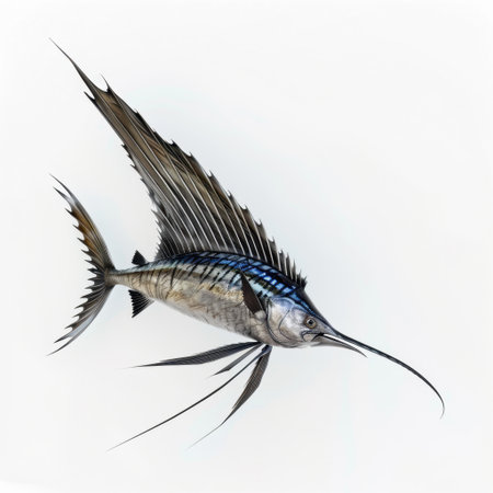 A stunning depiction of a sailfish showcasing its long fins and sleek body as it swims through the crystal-clear waters of the ocean, embodying grace and beauty.の素材